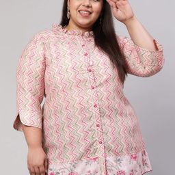 Jaipur Kurti Plus Size Geometric Printed Mandarin Collar Shirt Style Top-7