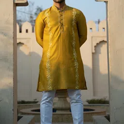 KAAJ BUTTON Floral Embroidered Regular Thread Work Chanderi Silk Kurta with Trouser-picture-29