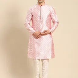 Amodh by Kisah Men Pink Floral Thread Work Dobby Kurta-image-71
