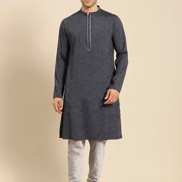 Amodh by Kisah Men Grey Geometric Thread Work Dobby Kurta-48