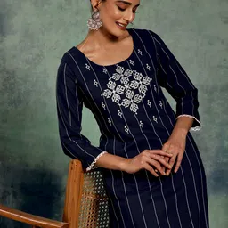 Libas Round Neck Striped Thread Work Dobby Kurta-32