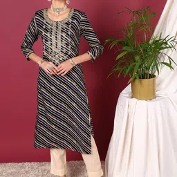 KALINI Abstract Printed Round Neck Three-Quarter Sleeves Mirror Work Kurta-image-90
