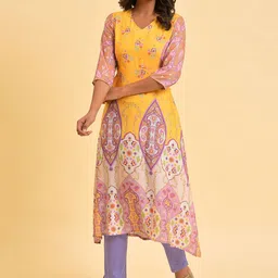W Yellow & Purple Ethnic Motifs Printed A-Line Kurta-picture-10