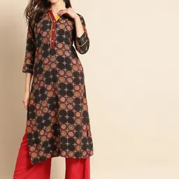 Anouk Green Ethnic Motifs Printed Mandarin Collar Pure Cotton Straight Kurta-54