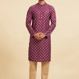 Diwas by Manyavar Geometric Printed Woven Design Cotton Mandarin Collar Straight Kurta-picture-15