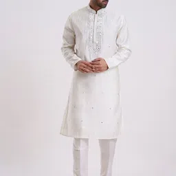 KALPRAAG Off White Cotton Silk Mirror Work Kurta-image-92