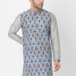 DEYANN Men Silver-Toned & Blue Ethnic Motifs Printed Kurta-17
