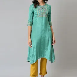 W Women Green Yoke Design Keyhole Neck Indie Prints Kurta-image-51
