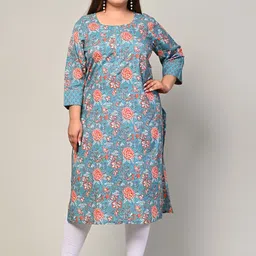 KALINI Plus Size Floral Printed Round Neck Gotta Patti Cotton Straight Kurta-picture-19