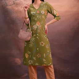 Vishudh Olive Floral Printed Straight Kurta-53