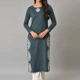 W Thread Work Round Neck Acrylic Straight Kurta-picture-39