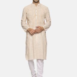 PAROKSH Men Beige & White Striped Straight Kurta-picture-19