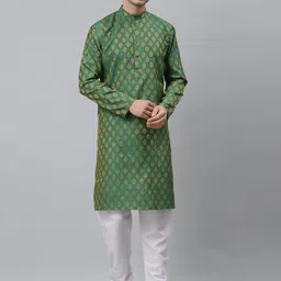 NEUDIS Men Green Geometric Printed Jacquard Kurta-18