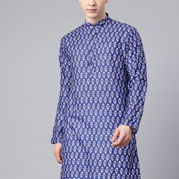 Sangria Blue & White Floral Printed Mandarin Collar Cotton Straight Kurta-image-20