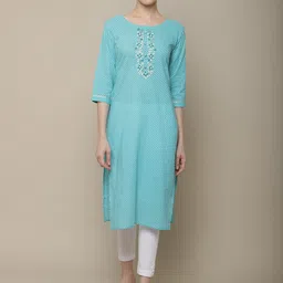 Sangria Women Turquoise Blue  & White Geometric Yoke Design Thread Work Kurta-picture-15