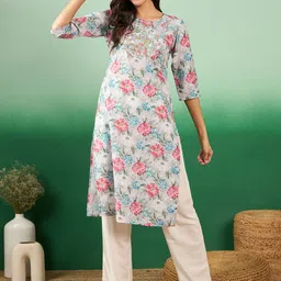 Sangria Floral Printed Round Neck Thread Worked Cotton Kurta-image-73