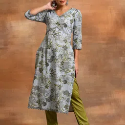 AKS Floral Printed V-Neck Cotton Straight Kurta-picture-21