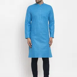 KRAFT INDIA Men Blue Woven Design Dobby Straight Kurta-image-38