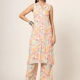 Divena Floral Printed Lapel Collar Sleeveless Straight Kurta With Trouser-26