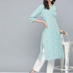 HERE&NOW Women Green & White Bandhani Print Straight Kurta-picture-16