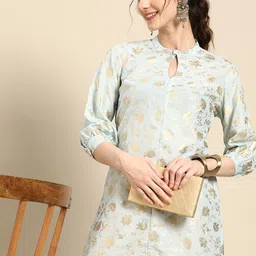 Sangria Gold-Toned Foil Print Detail Keyhole Neck Straight Kurta-image-46