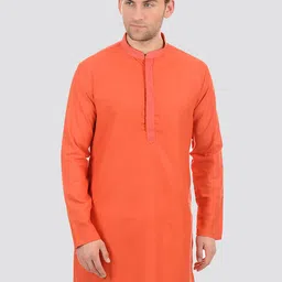 Ethnicity Men Orange Solid Mandarin Collar Cotton Straight Kurta-picture-42