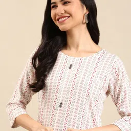SHOWOFF Women White Geometric Printed Round Neck Straight Kurta-image-43