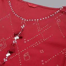 W Women Red Geometric Printed Flared Sleeves Asymmetric Kurta image 2