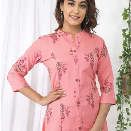 Sangria Peach & Green Floral Printed Mandarin Collar Cotton Kurta-image-33