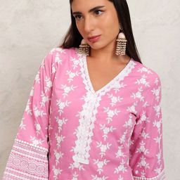 Vishudh PinkFloral Embroidered V-Neck Thread Work Straight Kurta-image-14