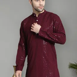 Jompers Men Geometric Checked Thread Work Pathani Kurta image 3