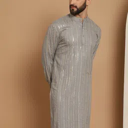 Anouk Grey Striped Band Collar Sequinned Detailed Cotton Straight Kurta-picture-34