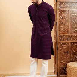 HERE&NOW Purple Ethnic Motifs Embroidered Mandarin Collar Straight Kurta-image-13