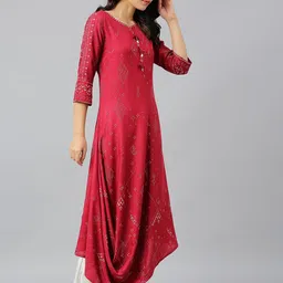W Women Red Geometric Printed Flared Sleeves Asymmetric Kurta image 3