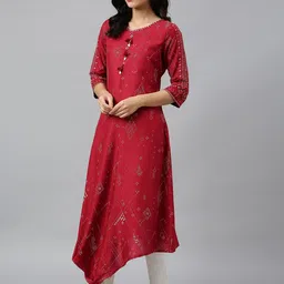 W Women Red Geometric Printed Flared Sleeves Asymmetric Kurta image 4