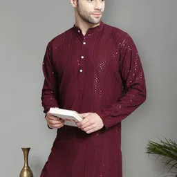 Jompers Men Geometric Checked Thread Work Pathani Kurta image 2