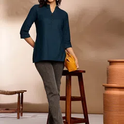 Anouk Blue Mandarin Collar Roll-Up Sleeves Straight Kurti-image-92