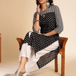Anouk Black & White Ethnic Motifs Block Printed Round Neck Cotton Straight Kurta-55
