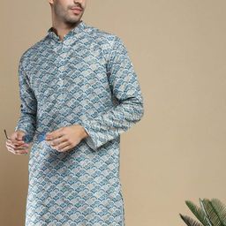 Anouk Blue Abstract Printed Zari Mandarin Collar Cotton Straight Kurta-picture-11