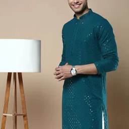 Anouk Teal Green Ethnic Motifs Embroidered Mandarin Collar Chikankari Straight Kurta-43
