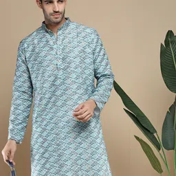 Anouk Blue Abstract Printed Zari Mandarin Collar Cotton Straight Kurta-picture-9