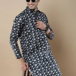 Anouk Navy Blue Geometric Printed Mandarin Collar Straight Kurta-picture-7