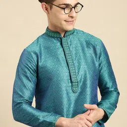 Sanwara Men Green Thread Work Woven Designer Jacquard Kurta-image-33