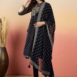 Anouk Ethnic Motifs Embroidered Pleated Zari Anarkali Kurta With Trousers & Dupatta-picture-12