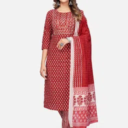 Vbuyz Women Red Ethnic Motifs Printed Mirror Work Pure Cotton Kurta with Trousers & Dupatta-image-47