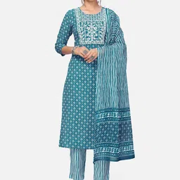 Vbuyz Women Blue Ethnic Motifs Printed Straight Kurta with Trousers & Dupatta-image-53