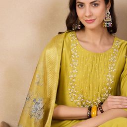 Anouk Yellow Floral Yoke Design Thread Work Chanderi Silk Kurta With Trousers & Dupatta-picture-15