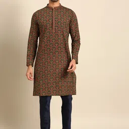 Amodh by Kisah Men Red Ethnic Motifs Printed Kurta with Churidar-image-11