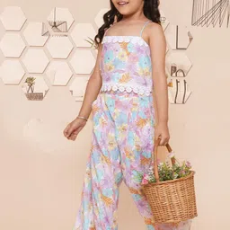 Modish Couture Girls Floral Printed Lace Insert Detail Pure Cotton Top with Palazzos-image-79