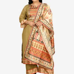 PrettyPlus by Desinoor com Women Plus Size Beige Printed Kurta with Palazzos & With Dupatta-18